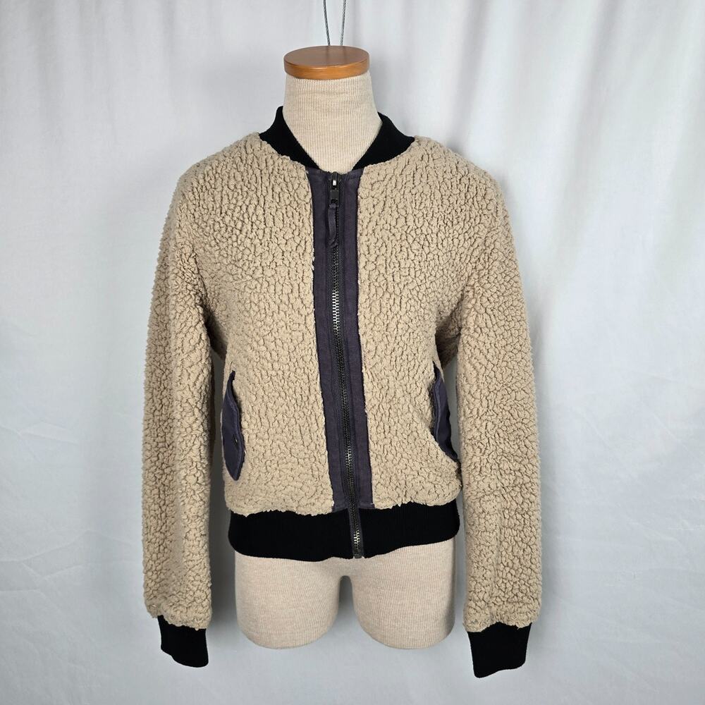 Anthropologie Marrakech Sherpa Bomber Jacket Women's S Tan Black Zip Up Pockets